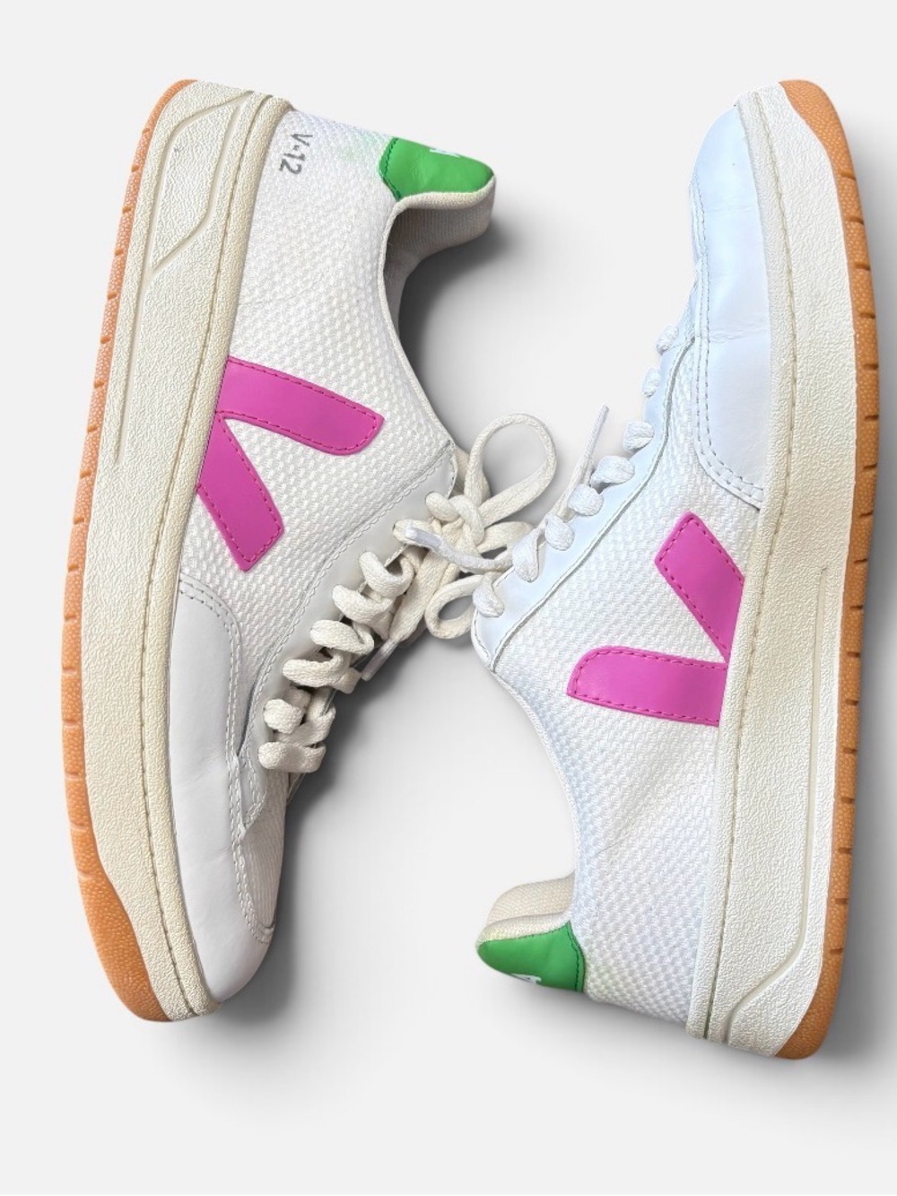 Veja White Sneakers with Pink V and Green Heel Tabs